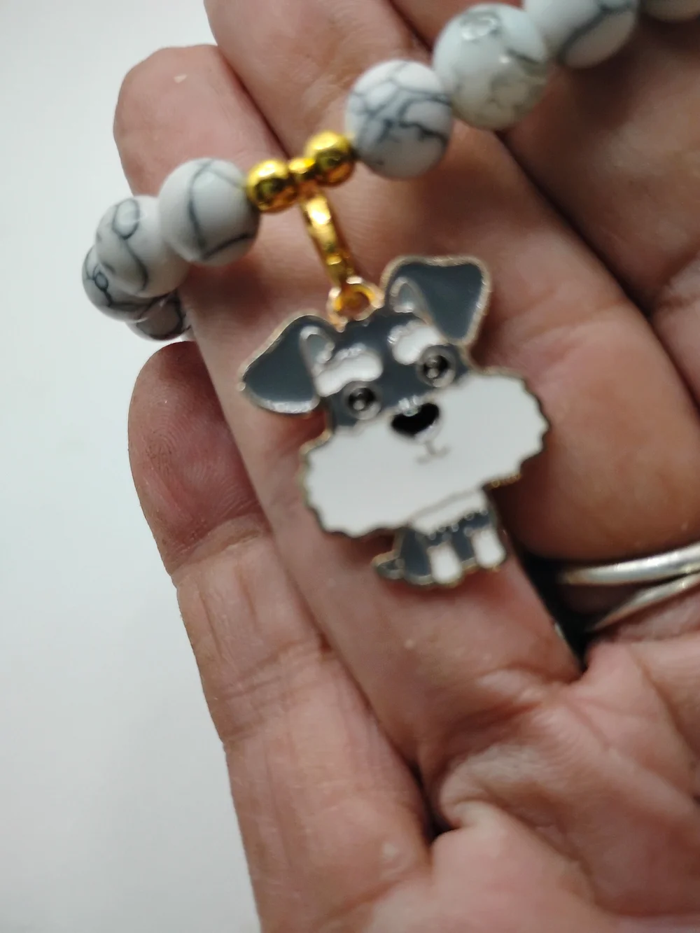 Marble Bead Dog Charm with Gold Puppy Pendant - White